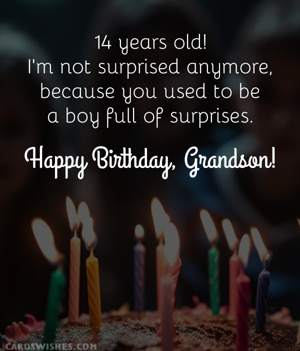 14 years old! I'm not surprised anymore, because you used to be a boy full of surprises. Happy Birthday, Grandson!