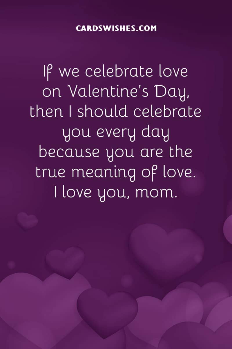 If we celebrate love on Valentine's Day, then I should celebrate you every day because you are the true meaning of love. I love you, mom